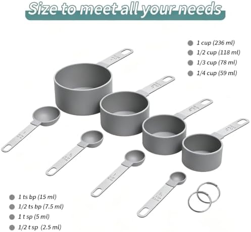 Measuring Cups Set Measuring Spoons Set, Nesting Measure Cups with Stainless Steel Handle, For Measuring Dry and Liquid Ingredients Small Teaspoon with Plastic Head (Grey)