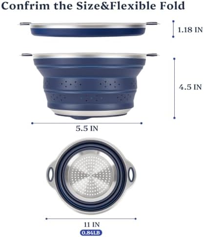 Collapsible Colander Set with Silicone Mat,2-in-1 Stainless Steel Colander for Kitchen, Foldable Metal Colander, Space-Saving for Pasta Veggies Fruit(NAVY BLUE)