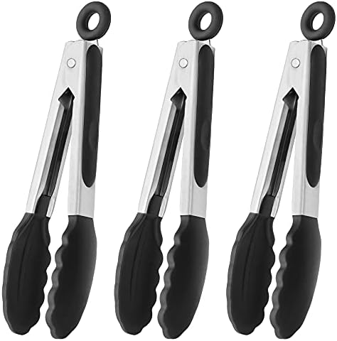 HINMAY Mini Tongs with Silicone Tips 7-Inch Kitchen Tongs, Set of 3 (Black)