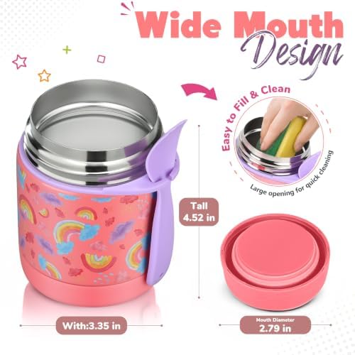 10oz Soup Thermo for Hot Food Kids,Lunch Thermo Kids Food Jar with Spoon Hot Insulated Food Containers,Leak Proof Stainless Steel Wide Mouth Lunch Thermo Jar for School(Pink-Rainbow)