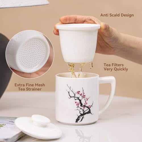 Ceramic Tea Mug with Infuser & Lid - 14oz Loose Leaf Tea Cup with Infuser,Hand-Painted Plum Blossom - Resilience & Elegance,Insulated Ceramic Coffee Mugs with Lid, Gift Set for Women/Men