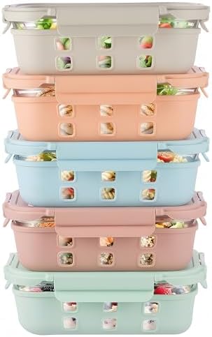 GENICOOK Glass Meal Prep Containers 5 Pack, 4.4 Cup Airtight Leakproof Lids, Borosilicate Glass Food Storage Containers, Microwave Oven Freezer Safe, BPA Free Lunch Containers