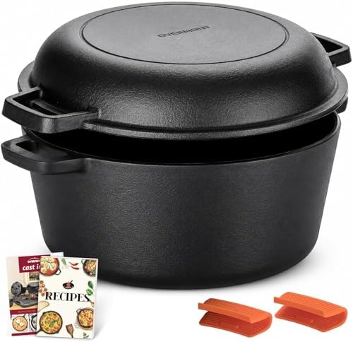 Overmont 5QT Double Dutch Oven - 2-in-1 Pre-Seasoned Cast Iron Pot & Recipe