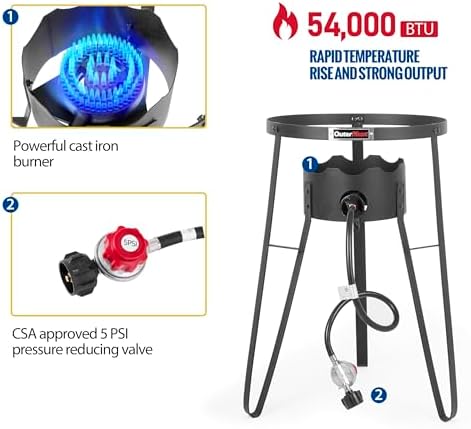 Outdoor Cooker with Iron Wok and Propane Burner, 54,000 BTU High-Pressure Gas Stove for Backyard BBQ, Tailgating & Outdoor Cooking
