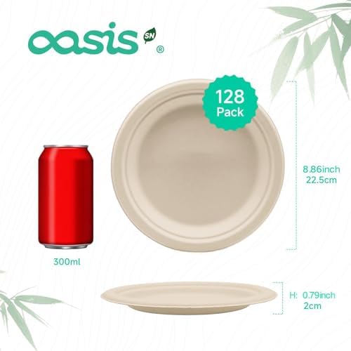 9 Inch Paper Plates 128 Pack, Heavy Duty Disposable Dinner Plates, Compostable Sugarcane Bagasse Plates, Leak Resistant, Microwave Safe, Cut Resistant, Natural
