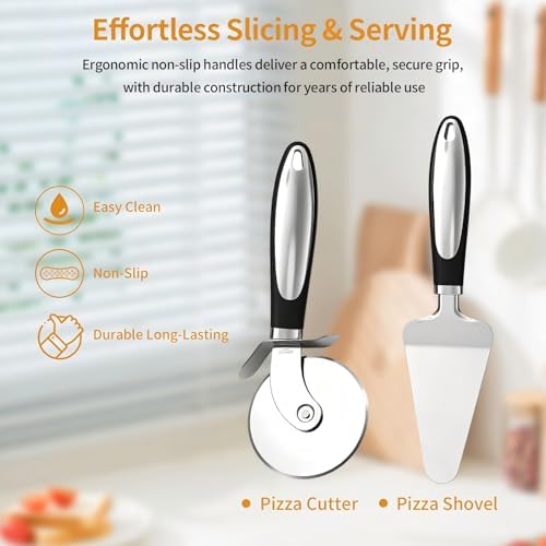 2-Piece Pizza Cutter Set. Stainless steel pizza wheel with non-slip handle. 8-inch multi-purpose design suitable for pizza, cake, pastries and more. Dishwasher-safe and easy to clean