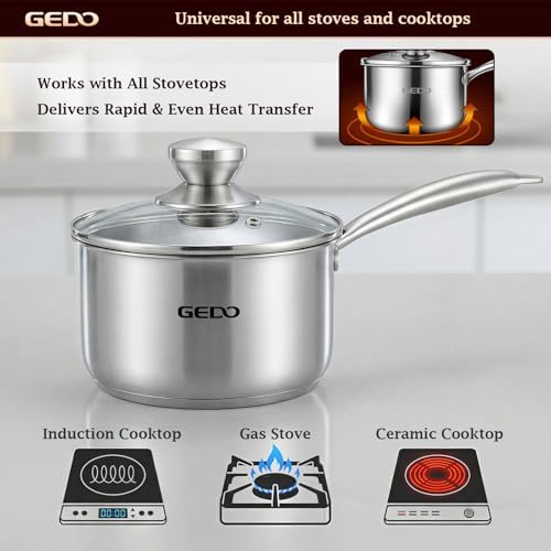 GEDO Food-Grade 316L Stainless Steel Sauce Pan with Glass Lid, 3-Ply Integrated Body Uncoated Cooking Pot, Universal for Induction Gas Ceramic Stovetops, Multi-Purpose Kitchen Cookware (2.7, Quarts)