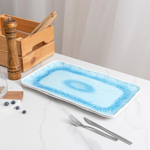 Large Farmhouse Melamine Serving Trays, Set of 2, 17 x 10 inches Serving Platters for Food Serving, Durable and Dishwasher Safe BBQ Tray, Reactive Blue