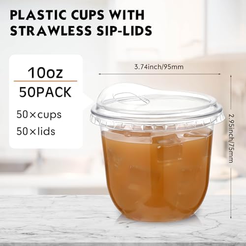 Baderke 50 Pcs Round Bottom Plastic Cups with Lids Clear Togo,10 Oz