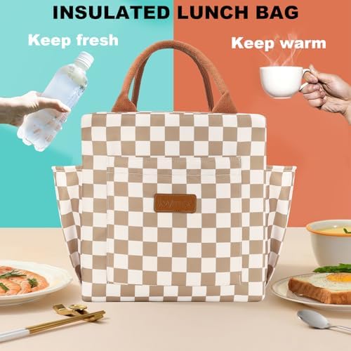 Joymee Lunch Bag Women, Reusable Leakproof Cooler Tote - Checker Brown