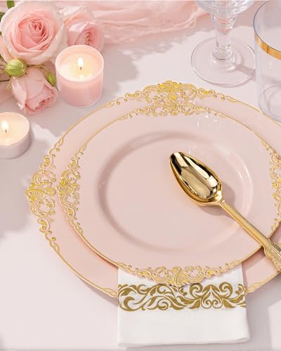 Nervure 350Pcs Pink Plastic Plates, Plastic Dinnerware Set for 50 Guests