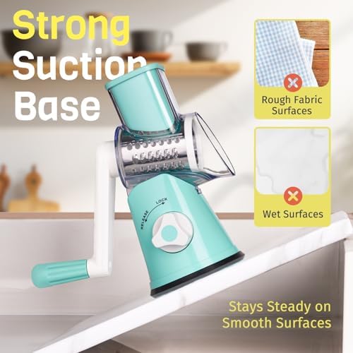 Cheese Grater Hand Crank, Rotary Cheese Shredder with 3 Interchangeable Blades for Coarse, Fine Shredding and Slicing, Strong Suction Base for Pizza, Pasta, Salad, Vegetables, Nuts, Chocolate