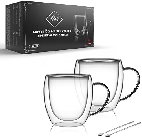 LIBWYS 2 Pack Double Walled Coffee Cups Glasses Mug, 8.5oz Borosilicate