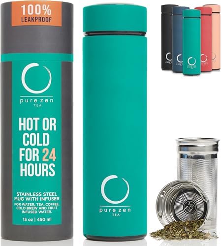 Pure Zen Tea Insulated Tea Infuser Bottle, 15 oz, Tea Thermos with Infuser
