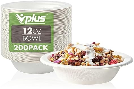 Vplus 200 Pack 12 OZ Compostable Paper Bowls, Bagasse Bowls，White