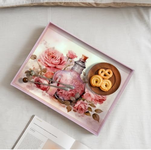 Serving Tray with Handles, 15.7 * 11.8 inches, Plastic Ottoman Tray with Exquisite Paintings, Trays for Coffee Table