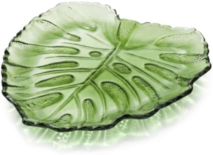 Joeyan Monstera Leaf Glass Serving Trays, Green Glass Plate with Embossed Vein Texture & Serrated Edge, Decorative Dish for Fruit, Candy, Jewelry, Snacks, Salads, Desserts, Dishwasher Safe