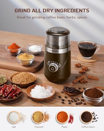 SHARDOR Electric Super Silent Blade Coffee Grinder, Timed Grind Control Rotary Knob, Adjustable Coarse to Fine for Coffee Beans, Spices & Herbs, with 1 Removable Stainless Steel Bowl, Brown