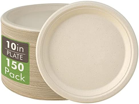 Vplus 150 Pack Compostable Bagasse Paper Plates 10.25 inch, Nature