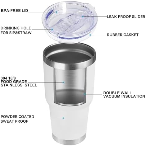 DOMICARE 30oz Tumbler Bulk with Lid and Straw, Double Wall Travel Coffee Mug, Insulated Vacuum Stainless Steel Tumblers, Powder Coated Tumbler Cup (White, 8)