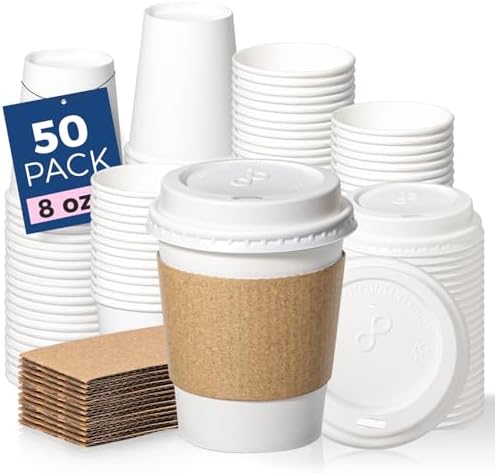 Fit Meal Prep 50 Pack 8 oz Disposable Coffee Cups with Lids, Sleeves, Leak-Proof To Go Coffee Cups with Lids, Durable Hot Paper Cups for Home, Office, Party, Business