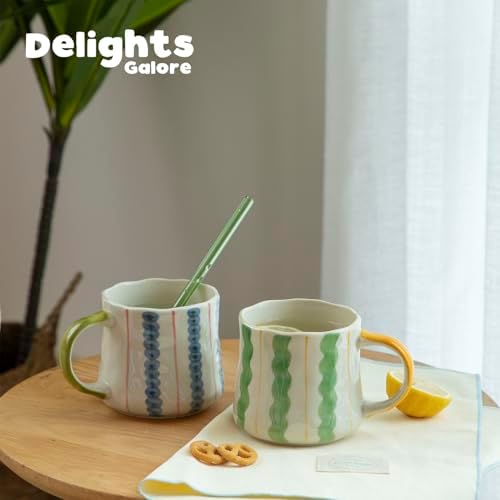 Striped Ceramic Coffee Mug Set of 2 (16oz) - Handmade Look Tea Cups with Yellow/Green Handles, Microwave Safe, Durable Daily Drinkware