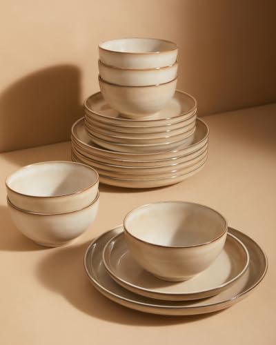 Pokini Stoneware Dinnerware Sets for 6, 18pcs Plates and Bowls Sets Dishes