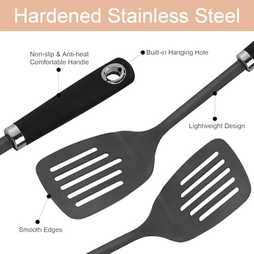 3-Piece Stainless Steel Utensil Set, Turner, Spoon, Skimmer, Black