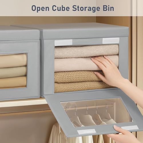 DIMJ Storage Bins with Lids - 6 Pack Fabric Closet Organizer with Window & Handles, Collapsible Decorative Storage Boxes for Shelves Under Bed, Books Clothes Blankets Sweaters Organization