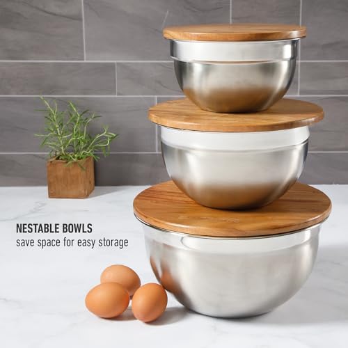 Calphalon Orbit Mixing Bowl Set, 3-Piece Stainless Steel Mixing Bowls(1.5 Qt, 3 Qt, 5 Qt) with Acacia Wood Lids & Non-Slip Base, Kitchen Prep Bowls for Mixing, Serving & Food Storage