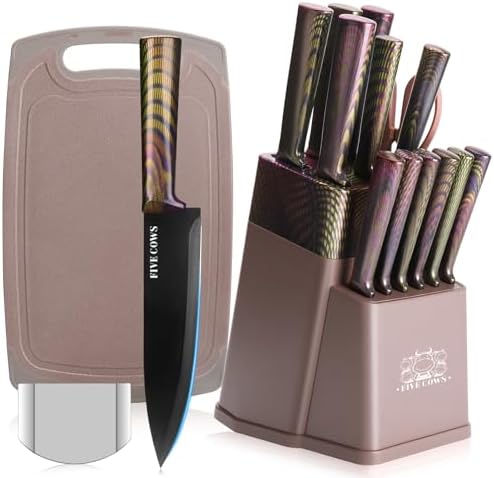 16-Piece Kitchen Knife Block Set with Cutting Board - German Stainless Steel Knives, Built-In Sharpener, Dishwasher Safe, Anti-Slip Handle - All-in-One Cutlery Set for Home/Kitchen (Pink)