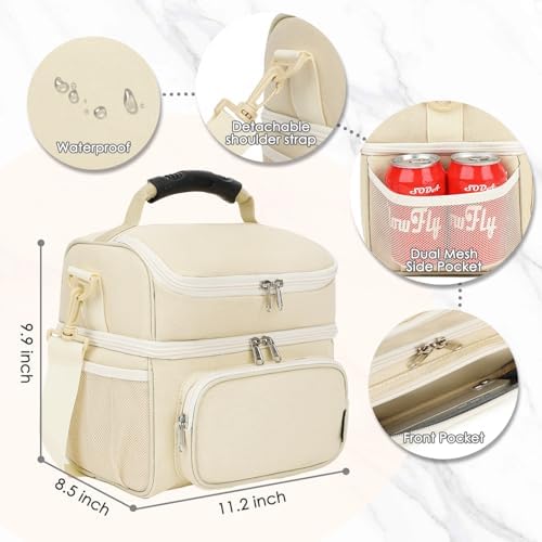 FlowFly Double Layer Cooler Insulated Lunch Bag Adult Lunch Box Large Tote Bag for Men, Women, With Adjustable Strap,Front Pocket and Dual Large Mesh Side Pockets