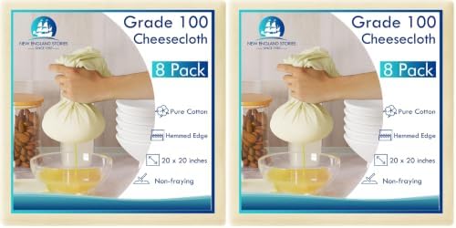 8 PCS Reusable Cheesecloth, Grade 100, 20x20 Inch Hemmed Cheese Cloth for Straining Craft, 100% Cotton Unbleached Cloth Strainer for Cooking, Baking, Juicing, Cheese Making (Pack of 2)