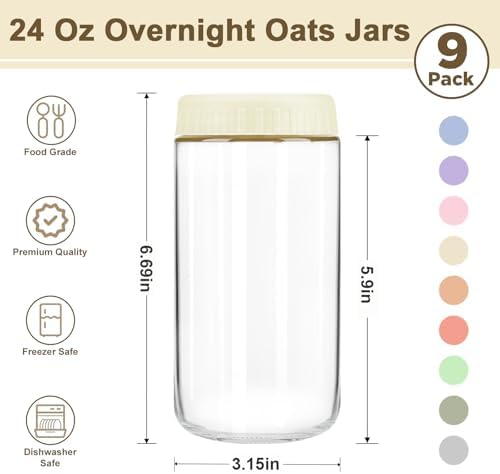 Overnight Oats Containers with Lids, 24oz Wide Mouth Mason Jars with Lids, 9 Pack Glass Jars with Airtight lid for Chia Pudding Yogurt Salad, Meal Prer Oatmeal Jars, Yellow