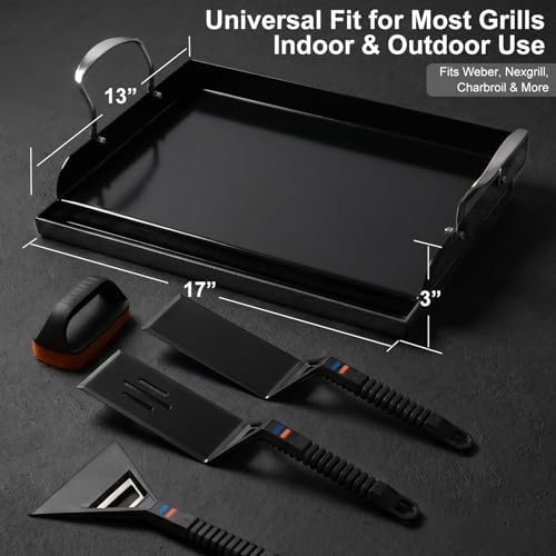 Uniflasy 17 x 13 in Cast Iron Griddle for Gas Grill, Nano Ceramic Nonstick Flat Top Grill Plate with 5-Piece Tool Kit, Grease Groove, High Sidewalls, Handles, for Charcoal, Stove Top, Camping
