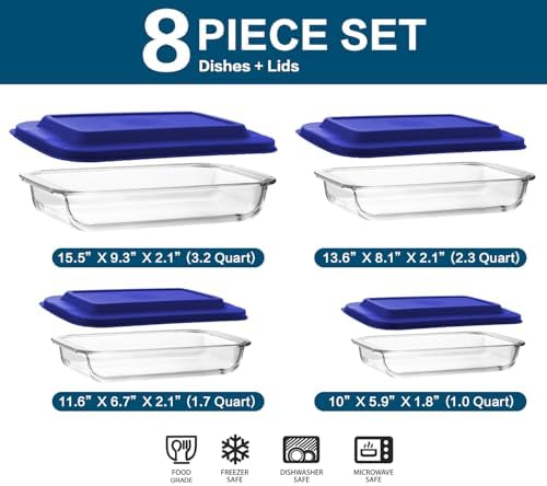 M MCIRCO 8 Piece Deep Glass Baking Dish with Lids, BPA free, Navy Blue