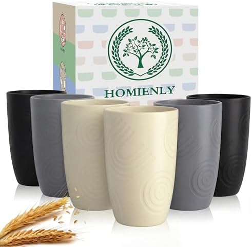 Homienly Premium Wheat Straw Cups Set of 6, Reusable 16oz Water Glasses Lightweight and Unbreakable Drinking Cups,Alternative Plastic Cup Dishwasher Safe Cups for Home and Outdoor - GreyStone
