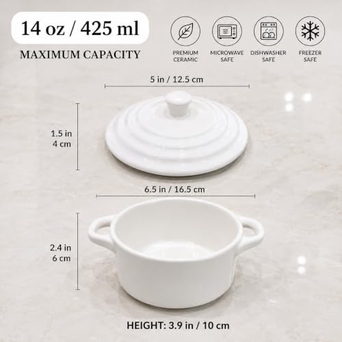Mini Dutch Oven Set of 4, 14 oz Ceramic Mini Dutch Ovens with Lids and Handles, Ramekins with Lids for French Onion Soup, Pot Pies, Soufflés and Baked Desserts, Oven Microwave Dishwasher Safe, Mini Cocotte, White