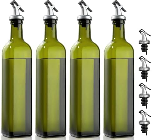 gmisun Olive Oil Dispenser Bottle for Kitchen, 4 Pack 17 Fl Oz Green Glass Oil Dispensers Bottles, Cooking Vegetable Oil Dispenser Container Cruet Set with Plastic Pourer Spout
