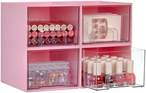 Vtopmart 4 Pack Small Clear Stackable Storage Drawers, Pink