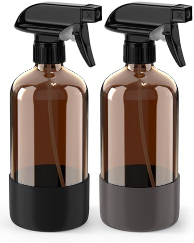 Bontip Glass Spray Bottle with Silicone Sleeve Protection, Amber Glass Spray Bottle Set for Window Cleaner Aromatherapy Facial Hydration Watering Flowers Hair Care 2 Pack/16 oz (Black & Grey, 16 oz)