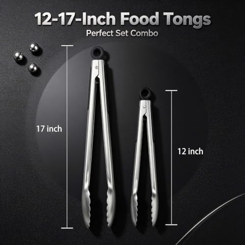 Grill Tongs, BBQ tongs - 12" & 17" Extra Long Kitchen Tong, 600 Degrees Heat Resistant Stainless Steel tong, Heavy Duty Metal Locking Tongs for Cooking, Grilling, Outdoor Barbecue, Set of 2