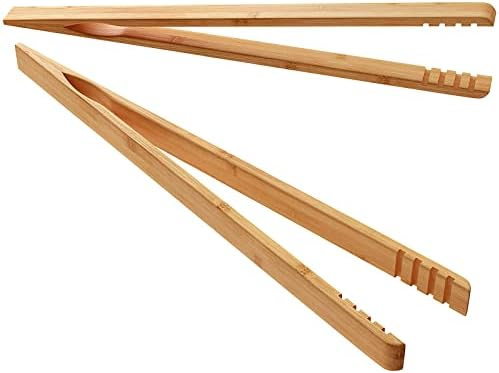DUJEN 2 Pieces Bamboo Toast Tongs, 10.2 Inches Long Wood Toaster Tongs with Anti-slip Design, Tongs for Cooking with Cooking Oil Coating