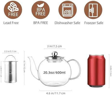 CNGLASS 600ml Glass Teapot with Removable Infuser,Clear Tea Kettle Stovetop Safe,Blooming and Loose Leaf Tea Maker