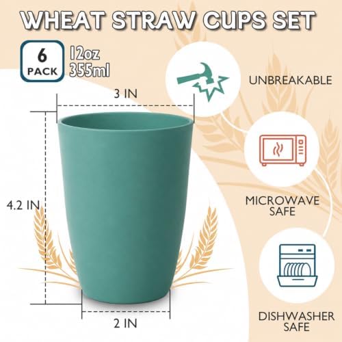 Wrova Wheat Straw Cups 6 PCS Good Alternative to Plastic Reusable Cups 12 oz Unbreakable Drinking Cup Reusable Dishwasher Safe Water Plastic Glasses Green