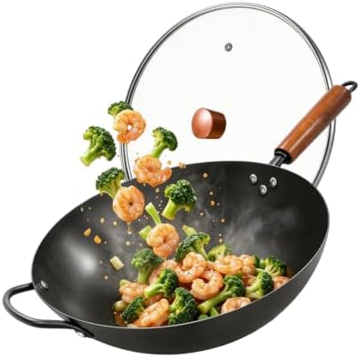 13" Carbon Steel Wok Pan & Glass Lid,Pre-Seasoned Flat Bottom Nitrided Wok