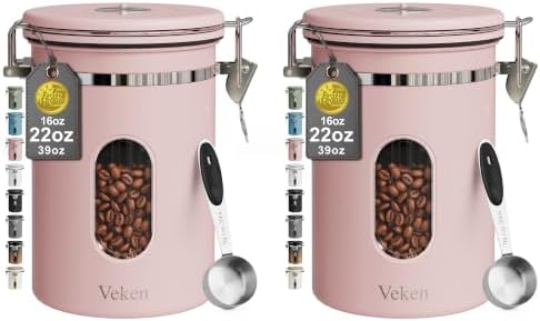 Veken Coffee Canister with Window, Airtight Stainless Steel Container,Date Tracker, Kitchen Food Storage Jars for Beans, Ground, Espresso, Rice,Tea, Sugar, Cereal, Gifts, Scoop, Pink, 22OZ (Pack of 2)