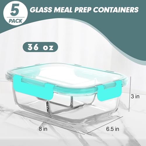 KOMUEE Glass Meal Prep Containers 3 Compartments, 5 Pack 36 oz, Green