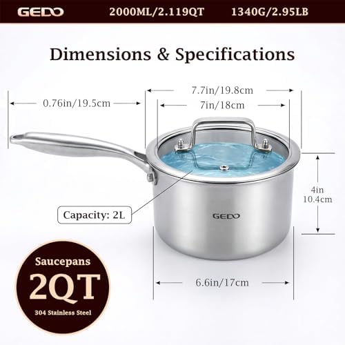 GEDO 3-Ply 304 Stainless Steel Saucepan with Lid, One-Piece Rivet-Free & Seamless Design, Angled Spout & Heat-Resistant Handle, Universal Stovetop Compatible for Indoor Cooking (7 In / 18cm Size)