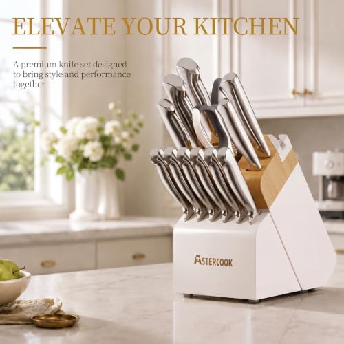 Astercook Knife Set for Kitchen with Block Sharpener 14Pcs Dishwasher Safe